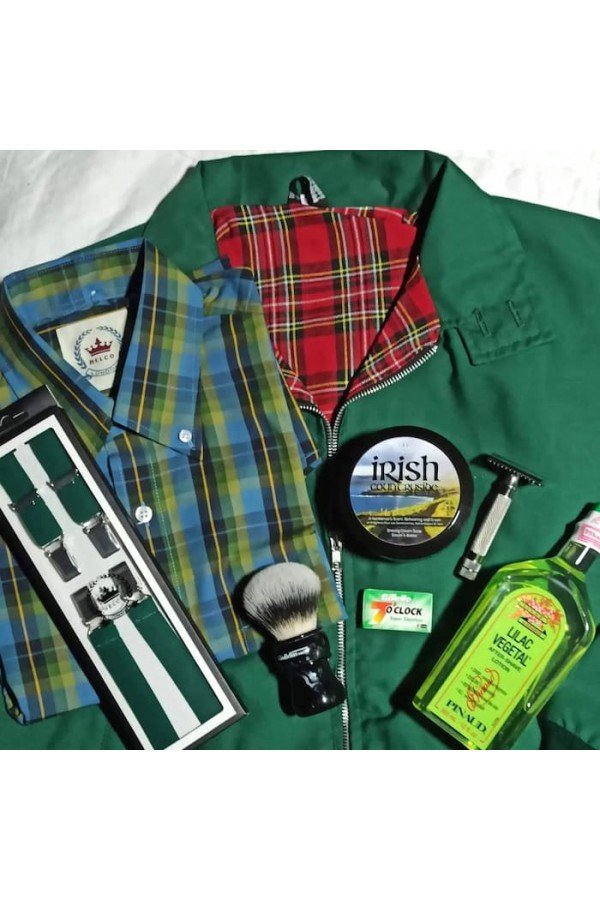 Bretelles Relco vert + harrington jacket vert + rasoir Razorock Old Type