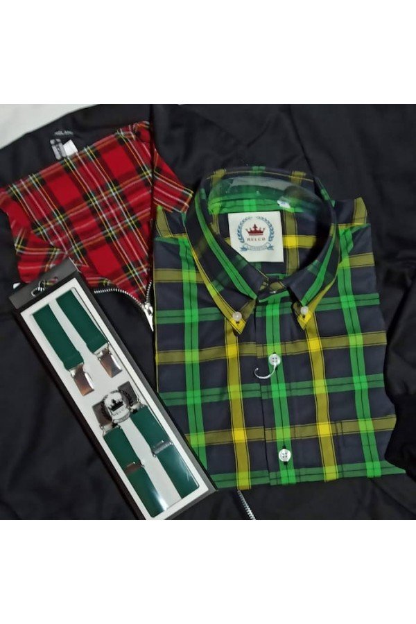 bretelles retro fines relco london vertes + chemise Relco + harrington jacket anglais noir