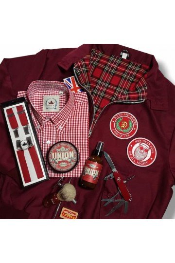 bretelles Relco rouge + chemise Relco vichy + harrington jacket anglais bordeaux + Patches.