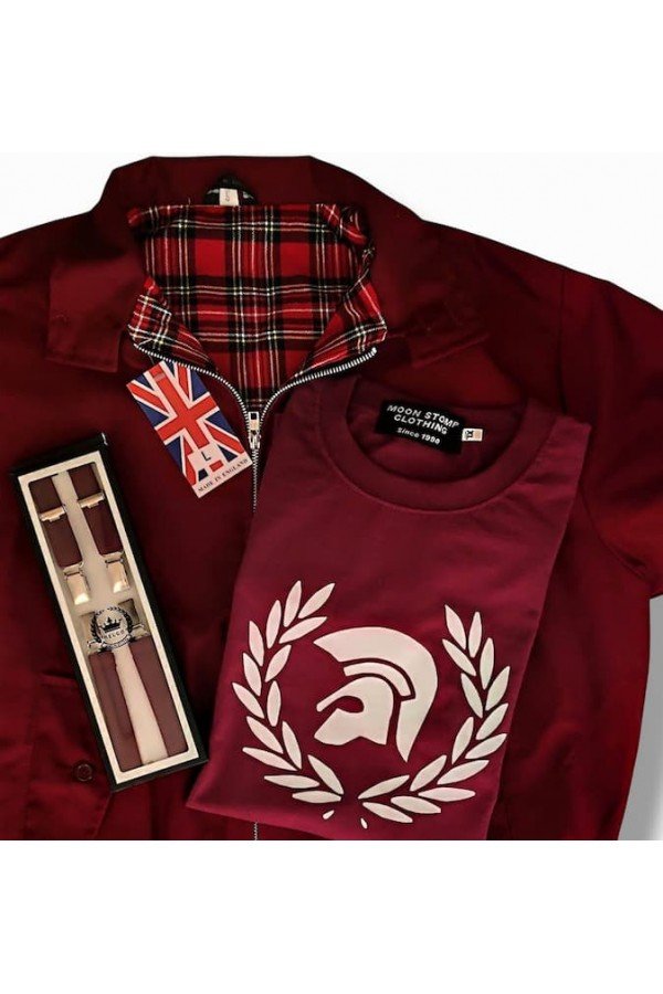 Bretelles Relco bordeaux + T-shirt laurier trojan bordeaux Moonstomp + blouson harrington anglais bordeaux