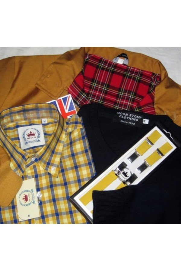 pull coll V marine Moonstomp  + bretelles fines Relco + blouson harrington marine