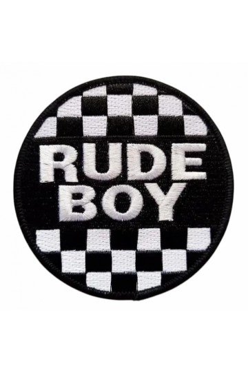 Patch brodé thermocollant lettrage "Rudeboy" sur damier noir et blanc.