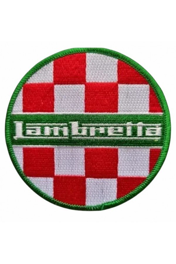 Patch brodé Lambretta couleurs italiennes. Damier rouge, blanc, vert. Thermocollant. Rond. Diamètre 9cm.
