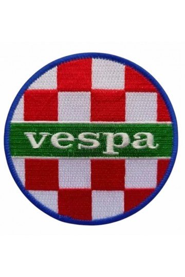 Patch brodé Vespa sur couleurs italiennes. Damier rouge, blanc et vert. Thermocollant. Rond. Diamètre 9cm.