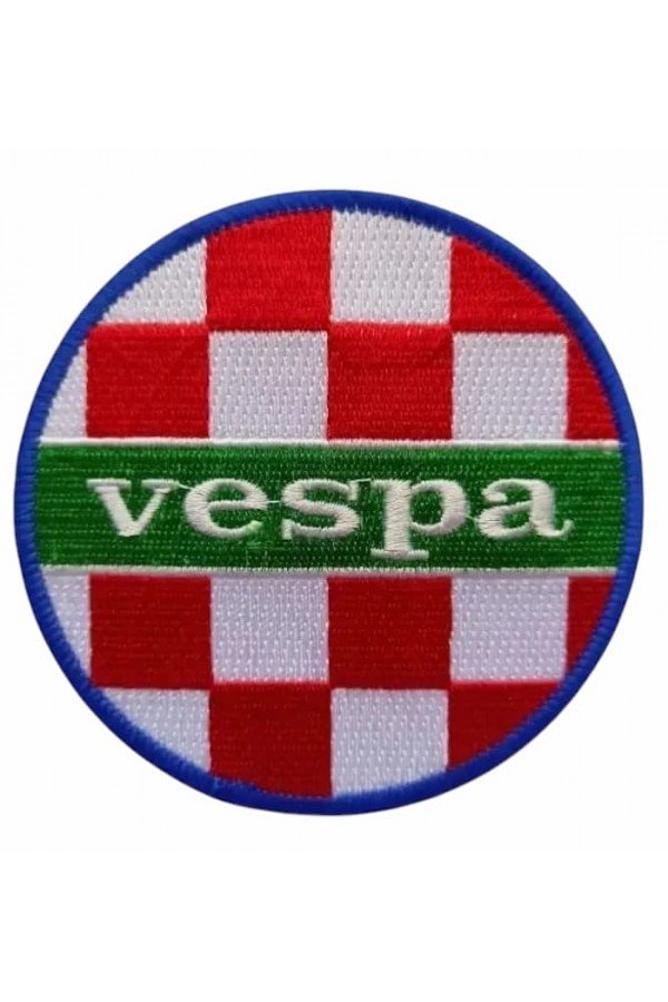 Patch brodé Vespa sur couleurs italiennes. Damier rouge, blanc et vert. Thermocollant. Rond. Diamètre 9cm.