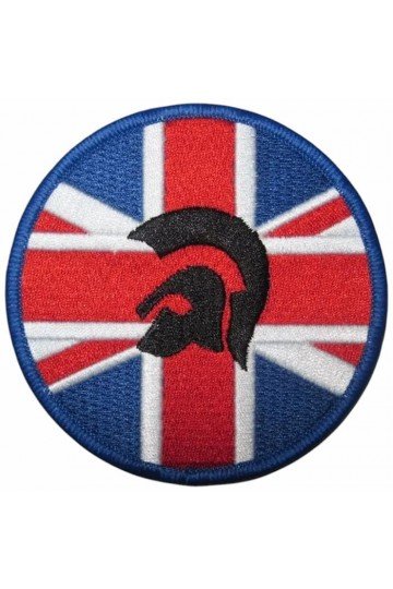 Patch trojan sur union jack. Ecusson Trojan sur drapeau anglais. Brodé. Thermocollant. Style ska rocksteady trojan records.