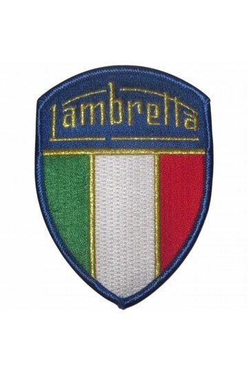 Patch Lambretta + drapeau Italie. Insigne lettrage Lambretta. Brodé. Thermocollant. Style scooterist mods.