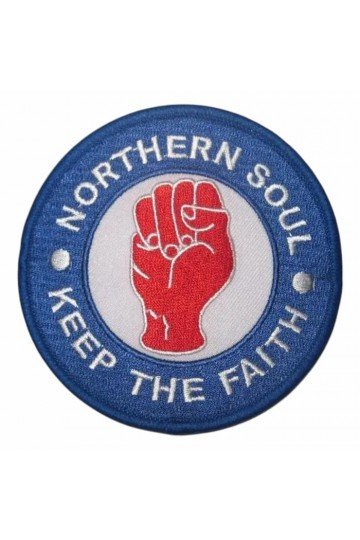 Patch Northern Soul - Keep The Faith sur Mod target. Brodé. Thermocollant. Style Wigan Casino, mods anglais.