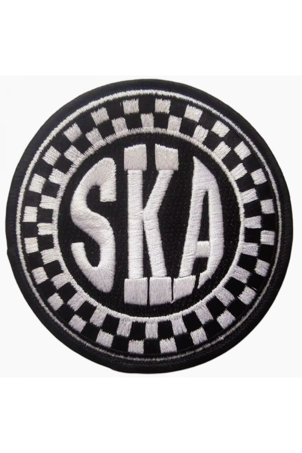 Patch Ska et damier noir et blanc. Grand lettrage Ska. Brodé. Thermocollant. Style 2 Tone,  Specials, Madness, années 80.