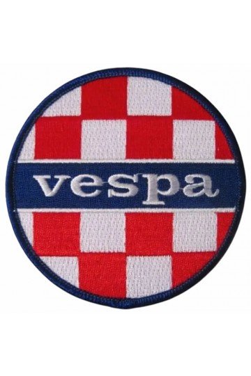 Patch Vespa et damier rouge blanc bleu. Brodé. Thermocollant. Style scooterist, mods anglais.