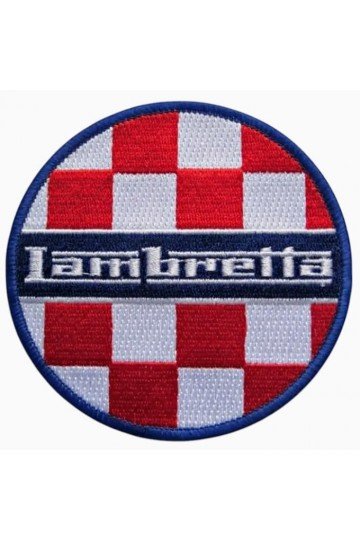 Patch Lambretta sur damier bleu blanc rouge. Brodé. Thermocollant. Style scooterist, mods anglais, wigan casino, northern soul.
