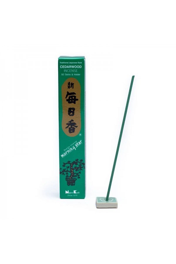 Encens japonais Morning Star bois de cèdre. Nippon Kodo. 50 bâtons. Porte-encens céramique.
