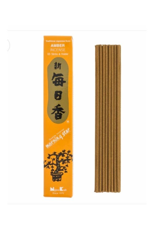 Encens japonais Morning Star Ambre.  Nippon Kodo. 50 bâtons. Porte-encens céramique.