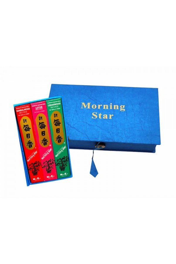 Coffret encens Morning Star. Lot de 3 encens. Bois de Santal + Bois de Cèdre + Lotus. 150 bâtons.