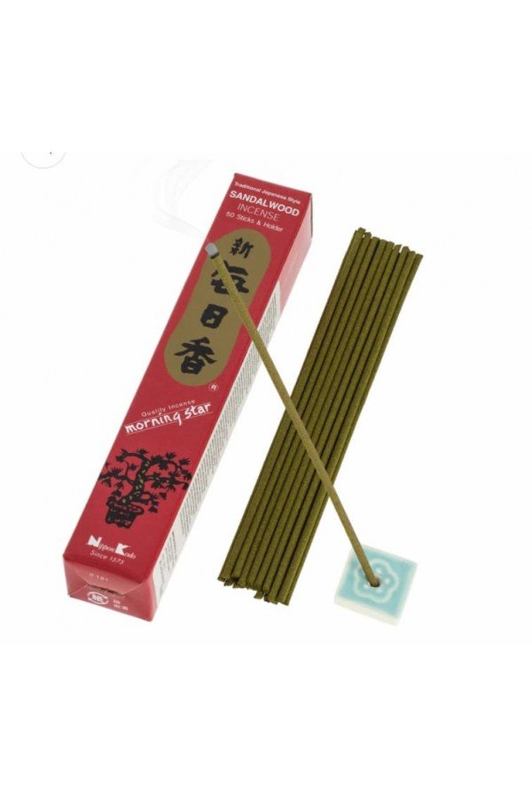 Encens bois de santal Morning Star. Fabriqué au Japon. 50 bâtons de 25 min. Coffret cadeau Morning Star bleu et doré.