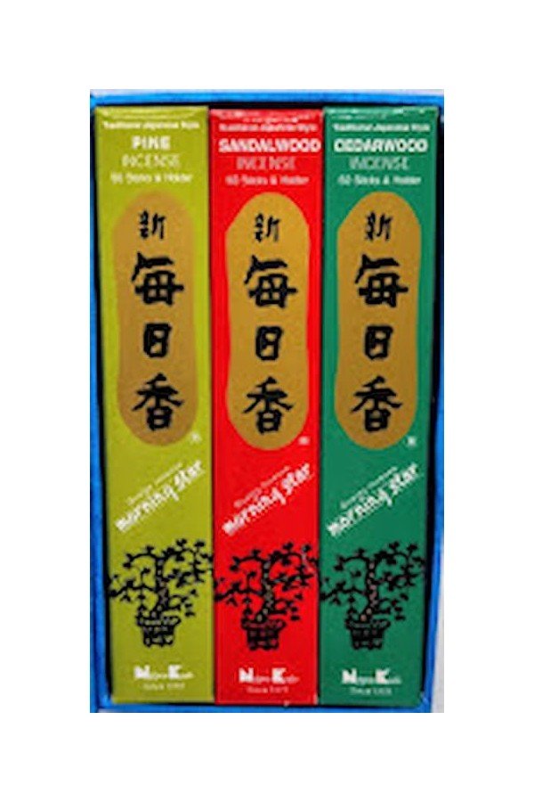 Encens Morning Star en coffret bleu. Encens santal + encens cèdre + encens pin. 150 bâtons.
