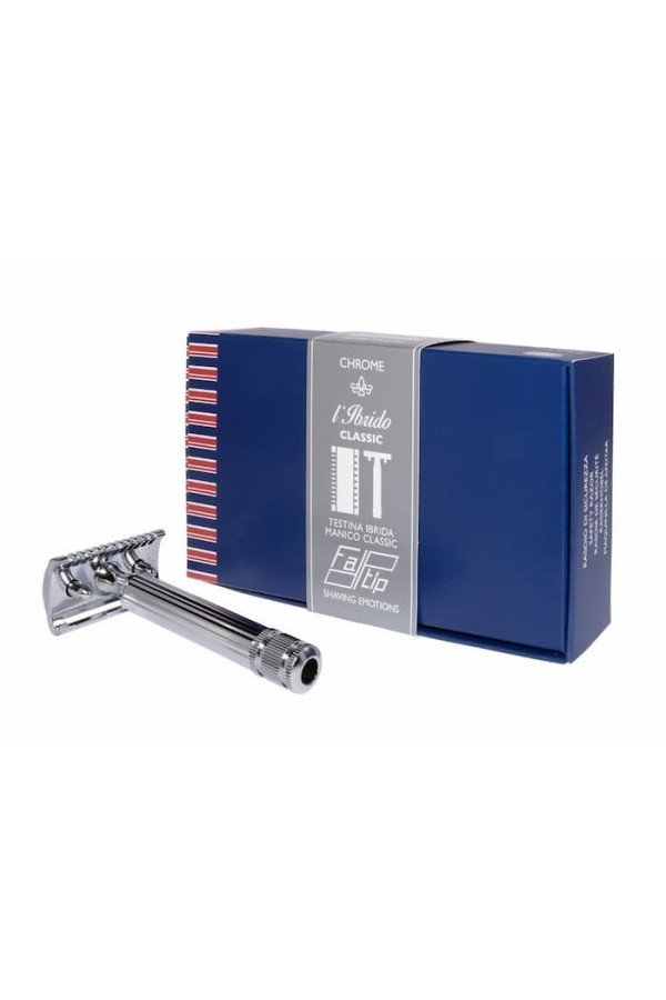 Rasoir de sureté Fatip "Ibrido grande chrome". Peigne ouvert et fermé