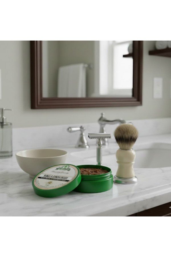 Savon à raser Stirling "Vanilla Sandalwood" dans salle de bain  avec rasoir de sûreté et blaireau de rasage traditionnel