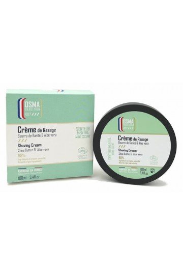 Crème de rasage Osma "Menthe" avec sa boite de présentation.