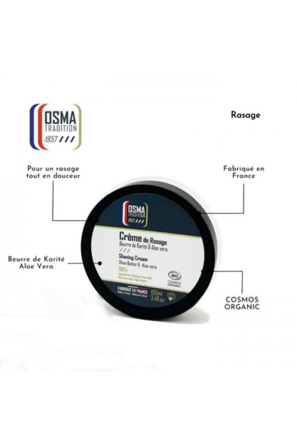 Crème de rasage Osma Tradition "Classique". Pot avec  liste de composition