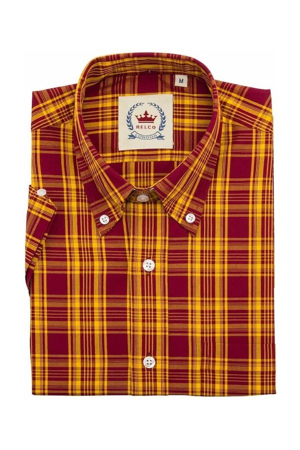 Chemise Relco CK51. Style vintage. Bordeaux et jaune.