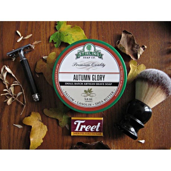Savon à raser Stirling "Autumn Glory", rasoir Muhle R89 black, Blaireau Razorock "Plissoft", lames Treet "carbon"