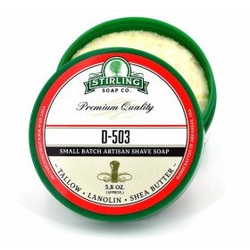Savon de rasage Stirling "D-503".  Pot ouvert . savon à mousse dense et crémeuse.