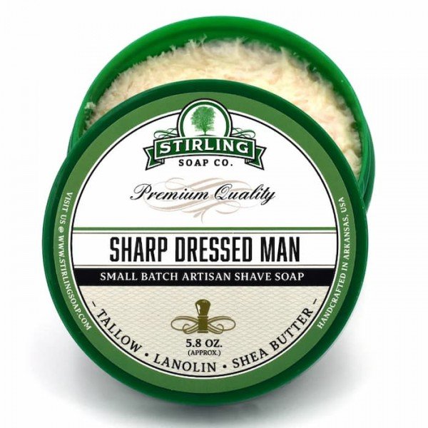 Savon à raser Stirling "Sharp Dressed Man". pot ouvert.