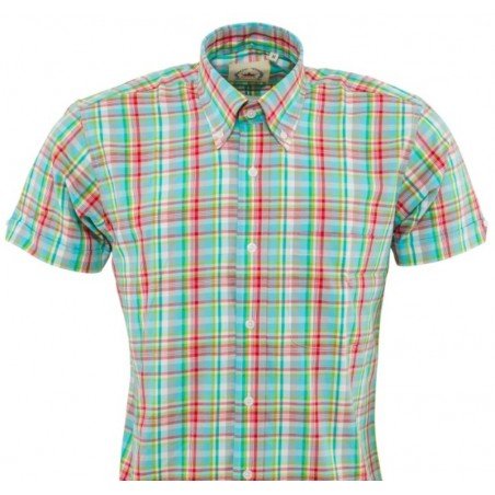 chemise style vintage Relco CK58. Turquoise + blanc + rouge. Face.