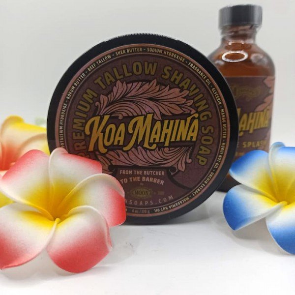 Set rasage Moon Soaps Koa Mahina . Savon 170g et après-rasage 118ml, continuité olfactive totale.