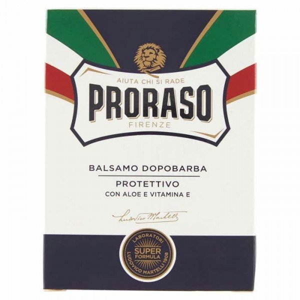 Baume après-rasage Proraso bleu. A l'aloe vera et vitamine E pour peau sèche.