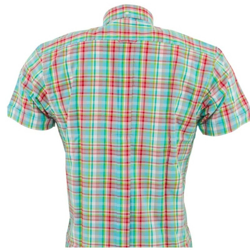 chemise style vintage Relco CK58. Turquoise + blanc + rouge. De dos.