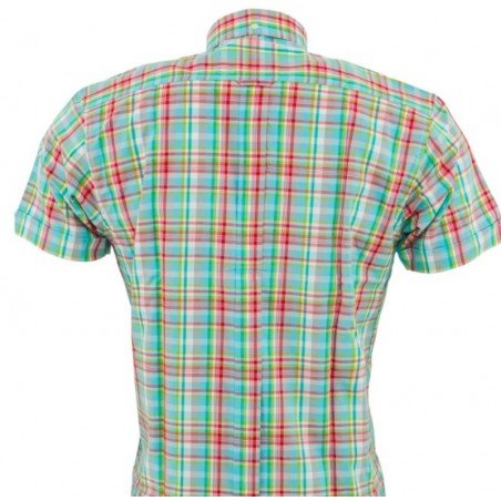 chemise style vintage Relco CK58. Turquoise + blanc + rouge. De dos.