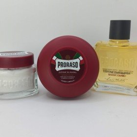 Pack spécial “Barbes dures” Proraso . 1 flacon avant rasage + 1 bol de savon de rasage + 1 flacon après rasage.