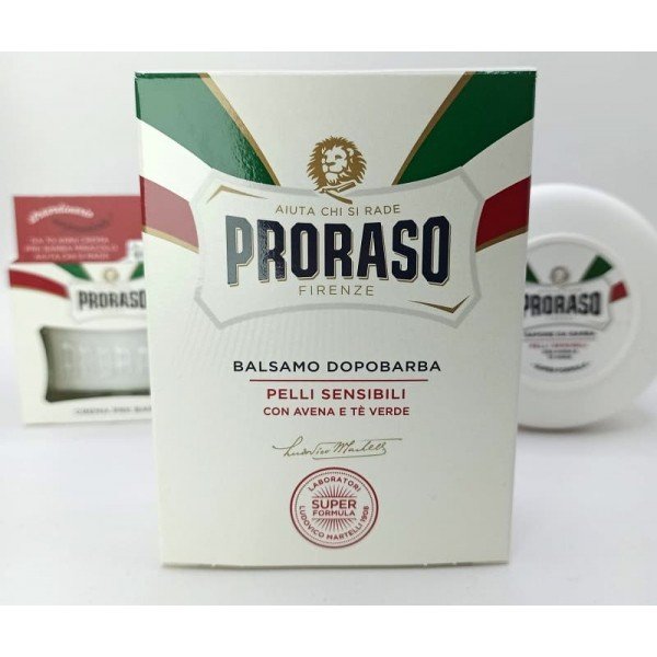 Pack Proraso Peaux Sensibles : Baume sans alcool  accompagné d'un Bol de savon de rasage et crème avant rasage.