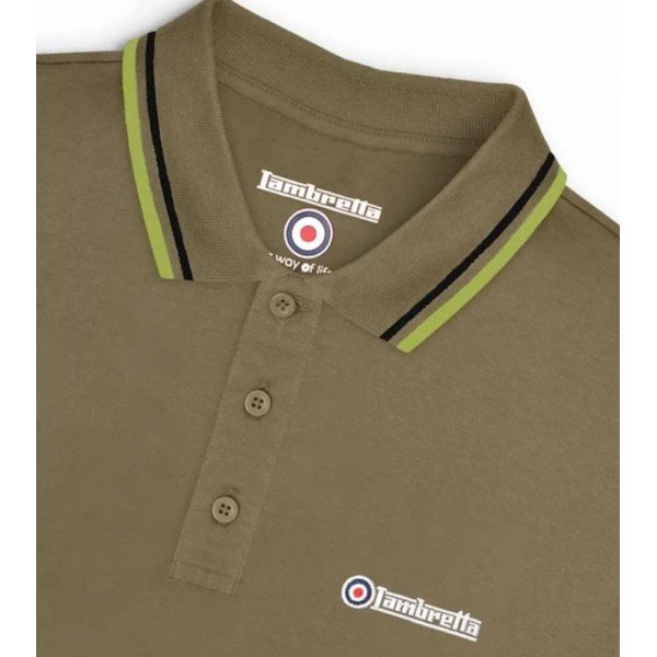 Polo Lambretta Clothing. Kaki bande noire et vert sauge.