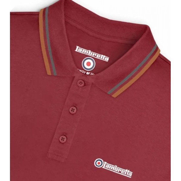 Polo Lambretta Clothing. Bordeaux bande gris métal et cuivre.