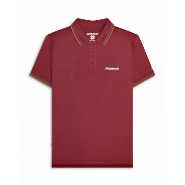 Polo Lambretta Clothing. Bordeaux bande gris métal et cuivre.