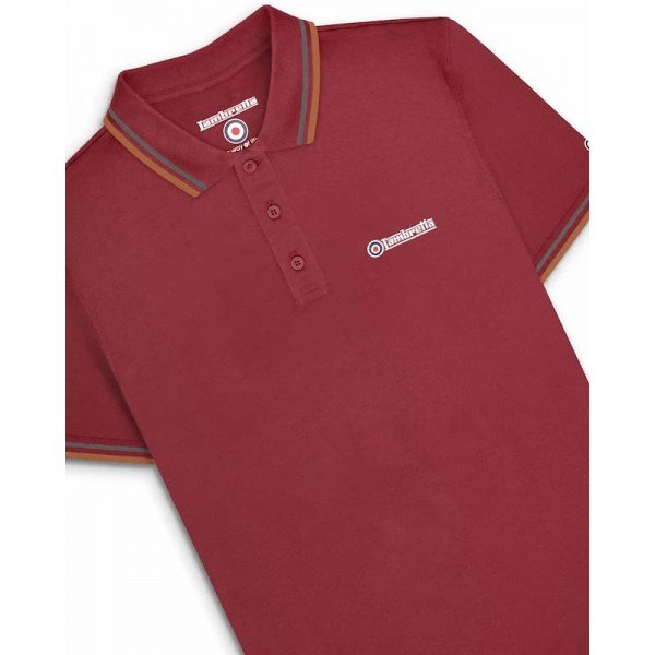 Polo Lambretta Clothing. Bordeaux bande gris métal et cuivre.