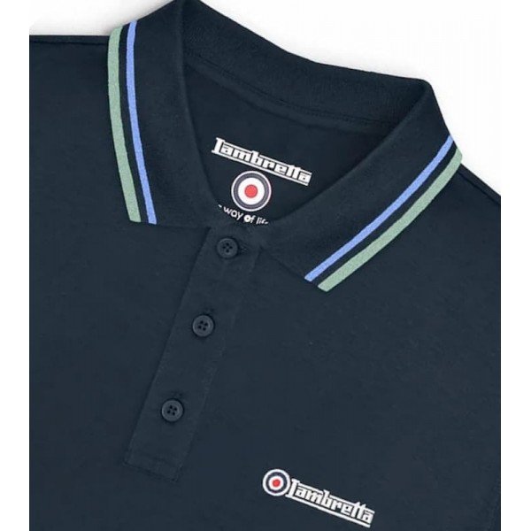 Polo Lambretta Clothing. Marine bande bleu et bleu fumé