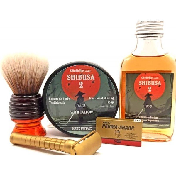 Après-rasage Goodfellas Smile "Shibusa 2" + Savon à raser Goodfellas Smile "Shibusa 2" + blaireau Razorock "Hive Mokasoft".