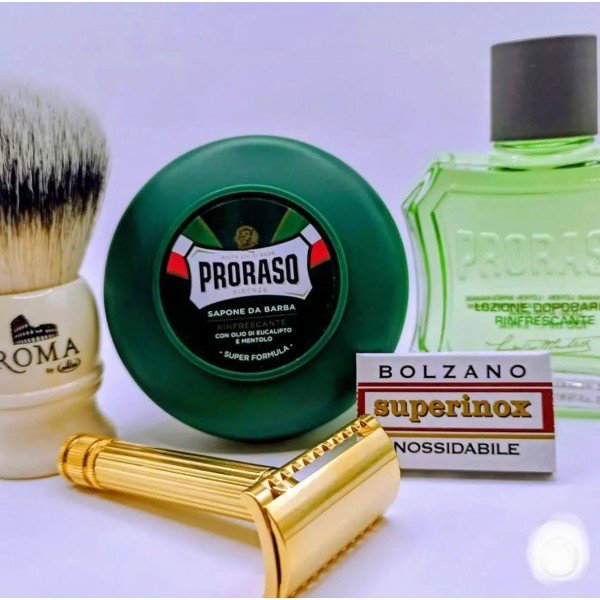 Après-rasage Proraso "Vert" + savon à raser Proraso "Vert" + rasoir Fatip "Il Piccolo Gold".