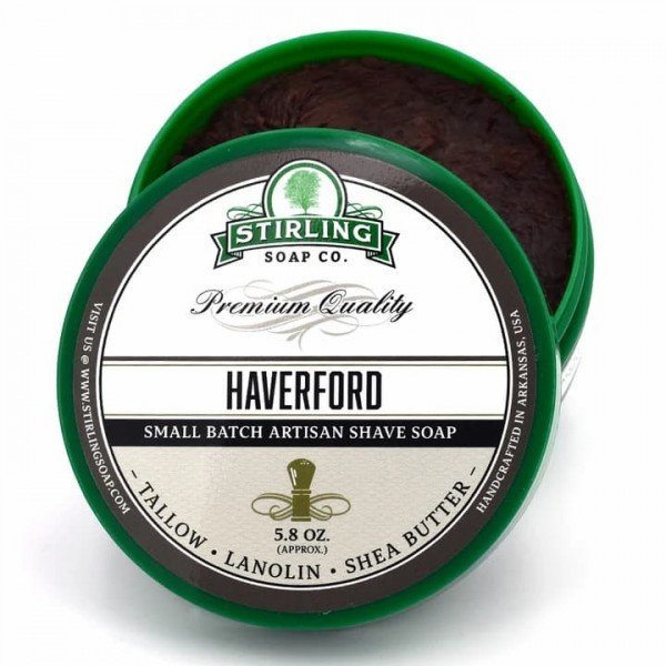 Savon à raser Stirling "Haverford" pour une mousse de rasage chaleureuse et protectrice.