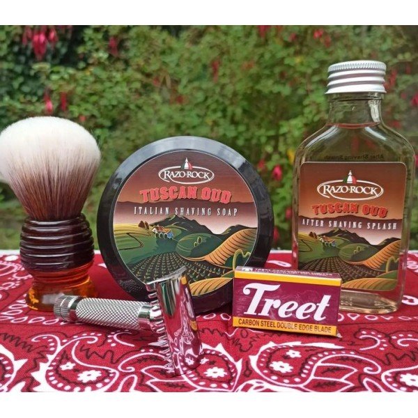 Après-rasage Razorock "Tuscan Oud" + savon à raser Razorock "Tuscan Oud"+ Rasoir Merkur "34C" + blaireau Razorock.