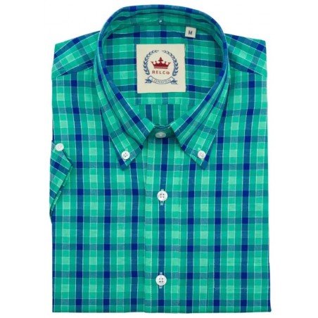 Chemise Relco London CK62 retro vintage. Vert + bleu.