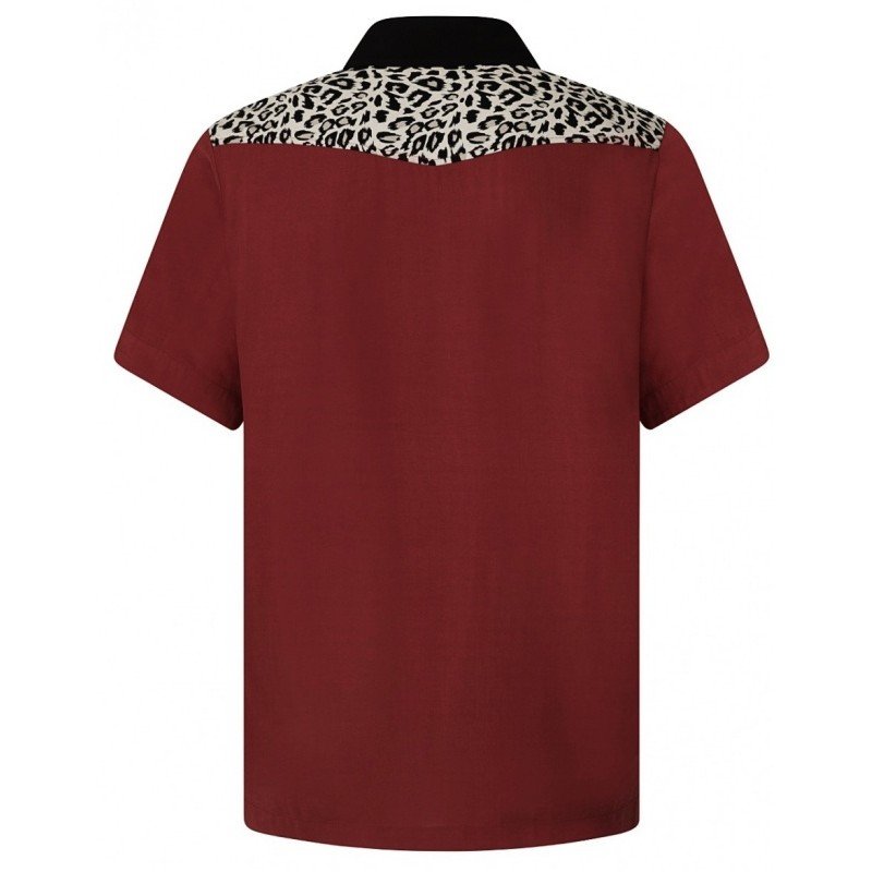 Chemise rockabilly Chet Rock "Jeffery" . Vieux rouge et Leopard . De dos.