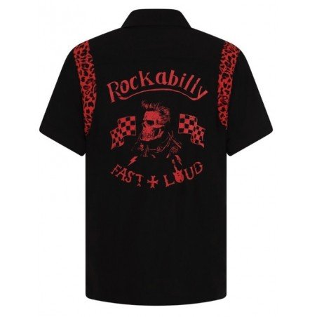 Chemise Chet Rock " Rockabilly Fast & Loud" . Noir et imprimé Léopard rouge. De dos.