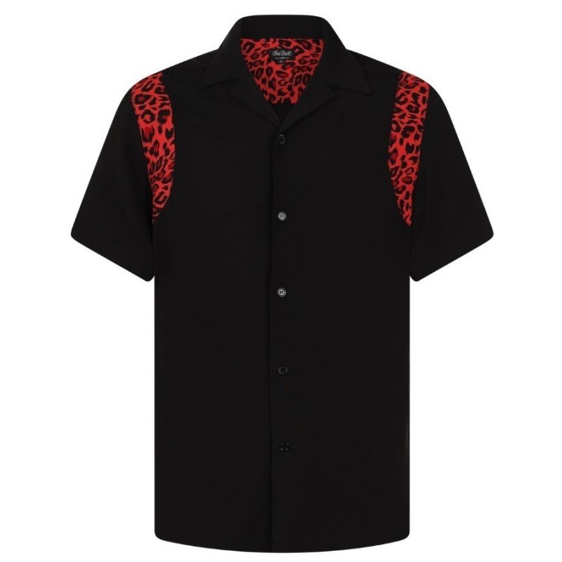 Chemise Chet Rock " Rockabilly Fast & Loud" . Noir et imprimé Léopard rouge. De face.