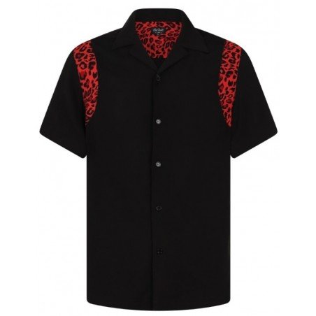 Chemise Chet Rock " Rockabilly Fast & Loud" . Noir et imprimé Léopard rouge. De face.