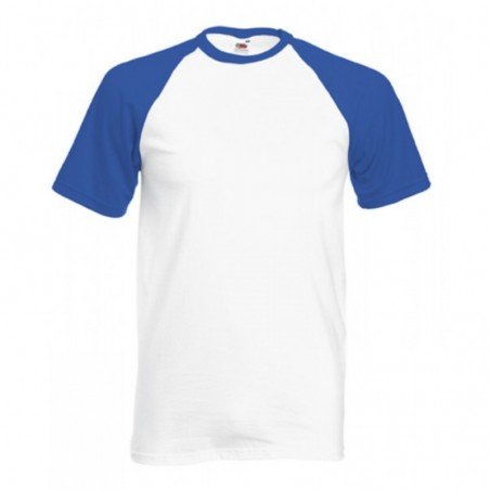 T-shirt baseball par Fruit of the Loom. Blanc avec une bordure col et manches bleu royal.